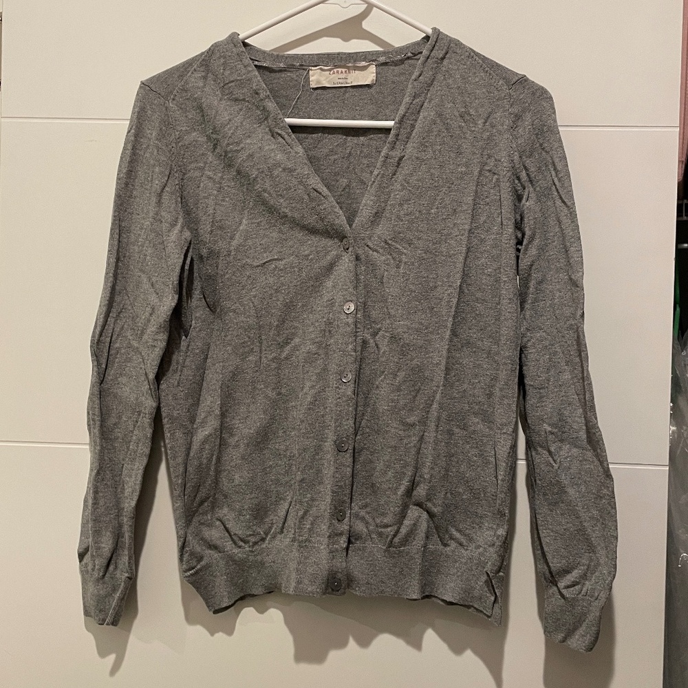 ZARA Knit V Neck Button up Grey Cardigan elbow patch LARGE L casual jacket top